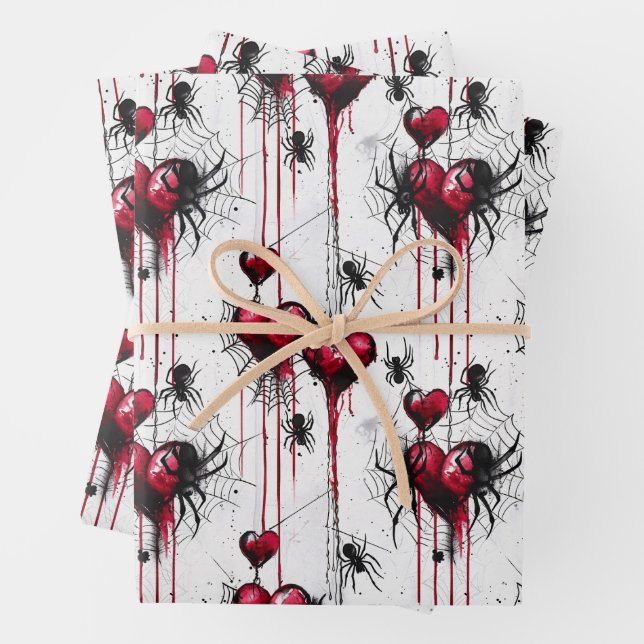 Gothic Love Spooky Spider Web with Hearts Wrapping Paper Sheet (In situ)