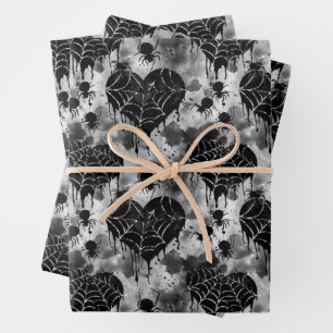 Gothic Love Spooky Spider Web with Hearts Wrapping Paper Sheet