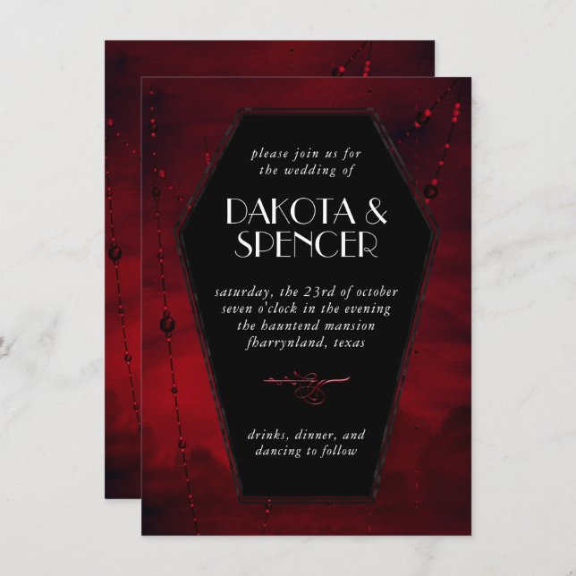 Gothic Luxe | Black and Blood Red Coffin Wedding Invitation (Front/Back)