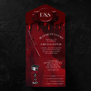 Gothic Luxe   Black and Red Blood Drip Wedding All In One Invitation