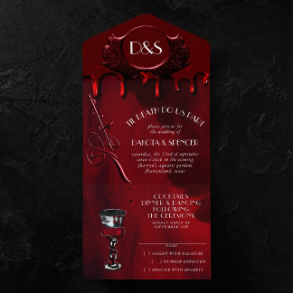 Gothic Luxe | Black and Red Blood Drip Wedding All In One Invitation