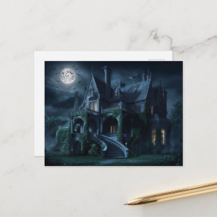 Gothic Mansion Under Full Moon with Bats Postcard