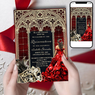 Gothic Masquerade Quinceañera Red Gold Invitation