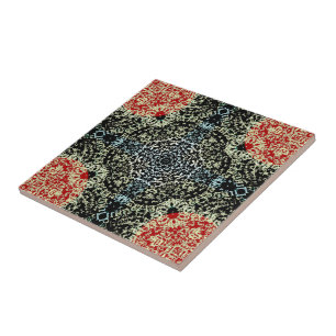 Gothic Mediaeval Mandala Lacy Pattern Green Red Ceramic Tile