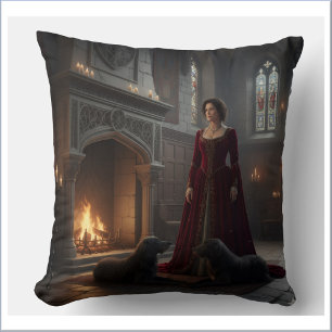 Gothic Medieval Maiden In Castle with Dogs Cushion