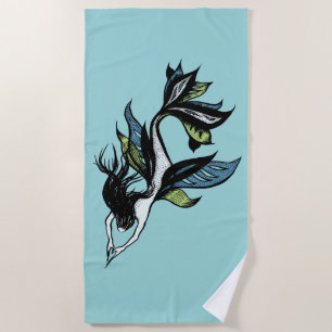 Gothic Mermaid Beautiful Blue Green Ink Drawing Beach Towel
