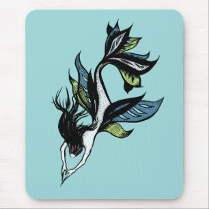 Gothic Mermaid Beautiful Blue Green Ink Drawing Mouse Pad