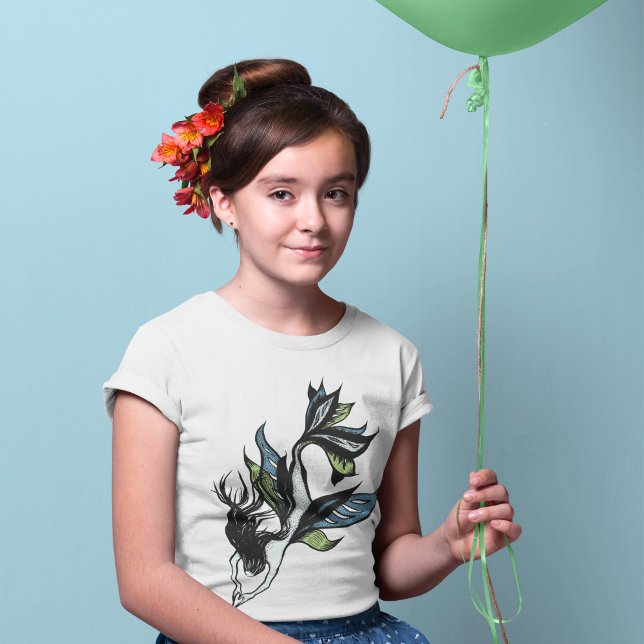 Gothic Mermaid Beautiful Blue Green Ink Drawing T-Shirt (Creator Uploaded)