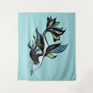 Gothic Mermaid Beautiful Blue Green Ink Drawing Tapestry