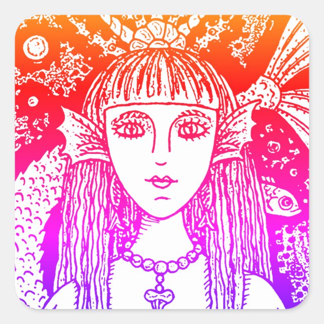 GOTHIC MERMAID, BLACK SEA SIREN FANTASY WHIMSY SQUARE STICKER (Front)