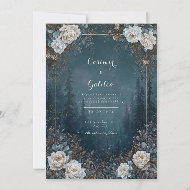 Gothic Midnight Blue Forest White Peony Celestial Invitation (Front)