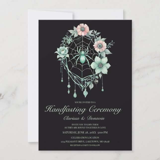 Gothic Mint Green Spider Floral Web Handfasting Invitation (Front)