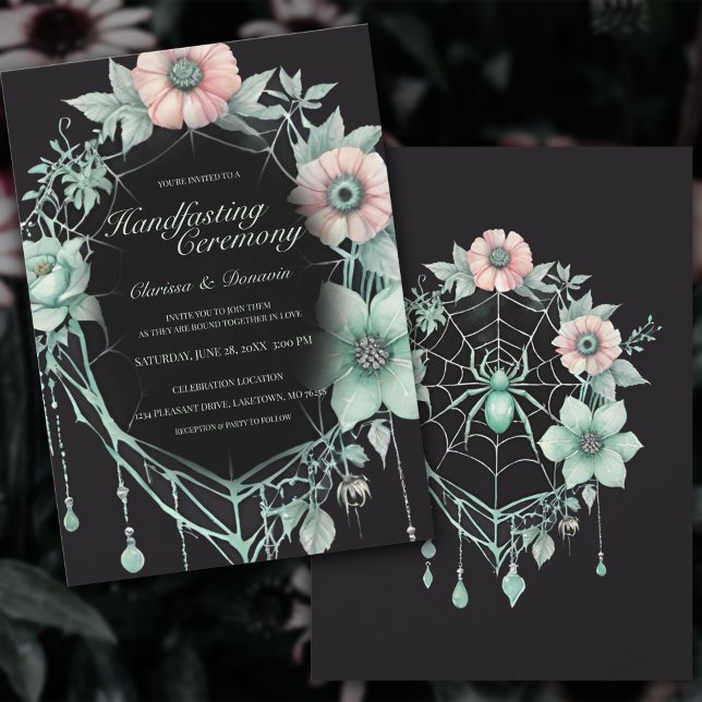 Gothic Mint Green Spider Floral Web Handfasting Invitation (Gothic Handfasting Invitation Floral Spiderweb in Mint Green and Blush Pink)