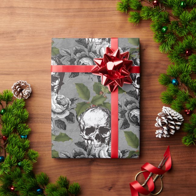Gothic Mistletoe, Roses and skull Christmas  Wrapping Paper (Holiday Gift)