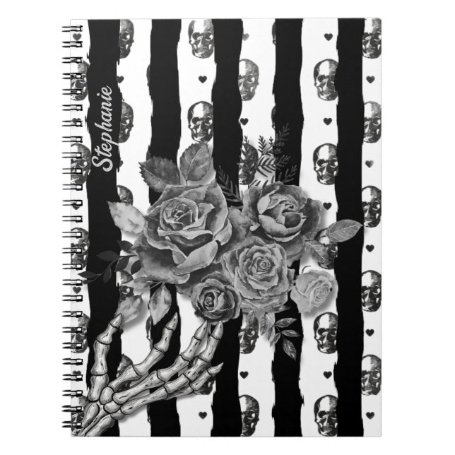 Gothic Monochromatic Striped Skulls And Roses Notebook (Front)