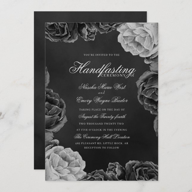 Gothic Monochrome Elegant Rose Handfasting Invitation (Front/Back)