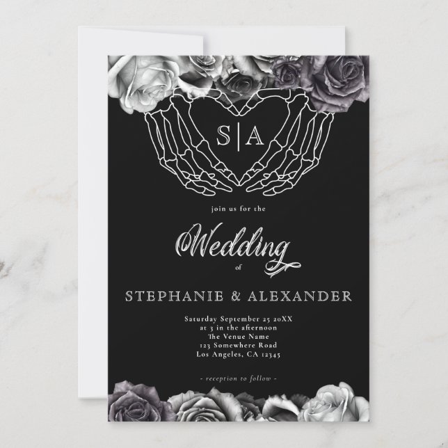 Gothic Monogram Roses Skeleton Hands Wedding Invitation (Front)