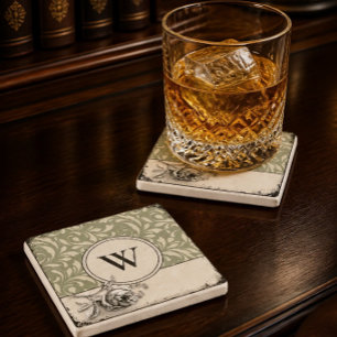 Gothic Monogram Sage Green Damask Rose Stone Coaster