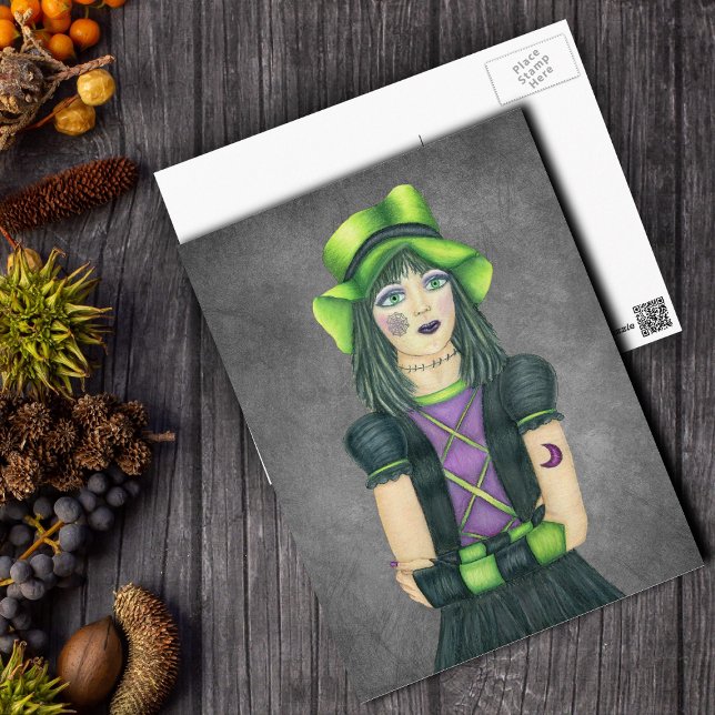 Gothic Monster Girl Green Hat Tattoos on Grey Postcard (Goth Girl Green hat spider web tattoo on grey postcard.)