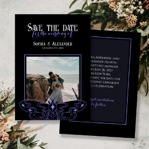 Gothic Moody Black and Blue Wedding Photo Save The Date