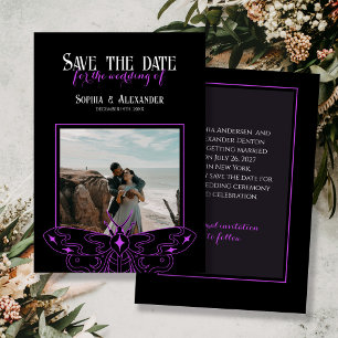 Gothic Moody Black and Purple Wedding photo Save The Date
