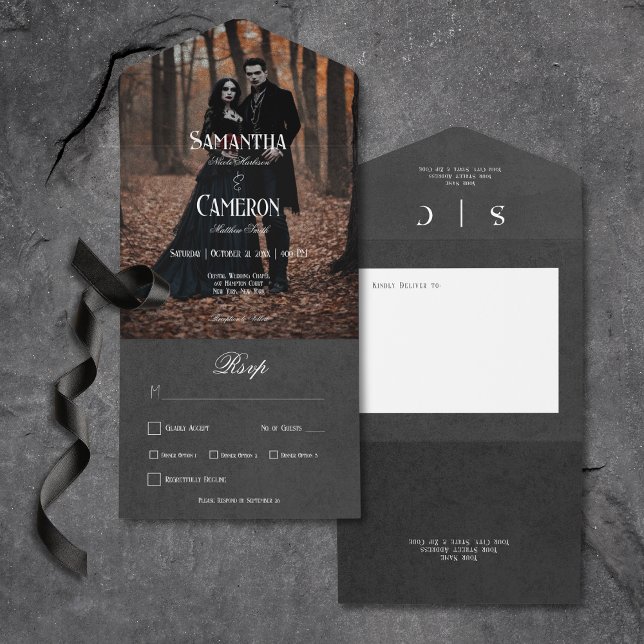 Gothic Moody Black Elegant Photo Dinner All In One Invitation (Gothic Moody Black Elegant Photo All In One Wedding Invitation with Dinner Options)