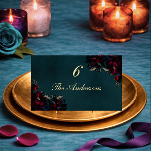 Gothic Moody Dark Red Turquoise Floral Wedding Place Card