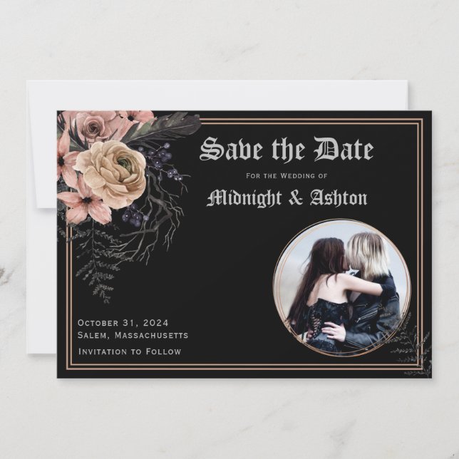 Gothic Moody Floral Circle Photo Save the Date (Front)