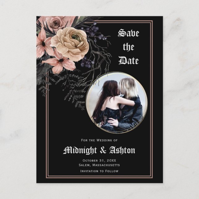 Gothic Moody Floral Photo Save the Date  Announcement Postcard (Front)