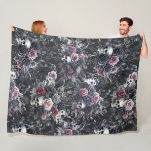 Gothic Moody Flowers Skulls and Crows Fleece Blanket