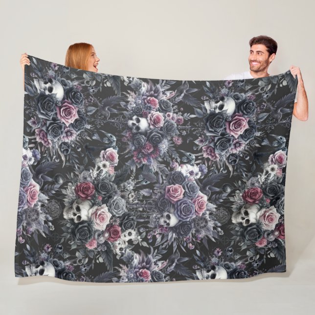  Gothic Moody Flowers Skulls and Crows  Fleece Blanket (In Situ)