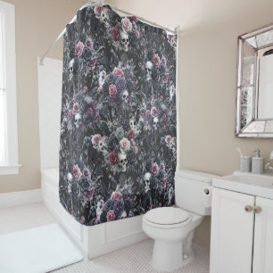 Gothic Moody Flowers Skulls and Crows Shower Curtain