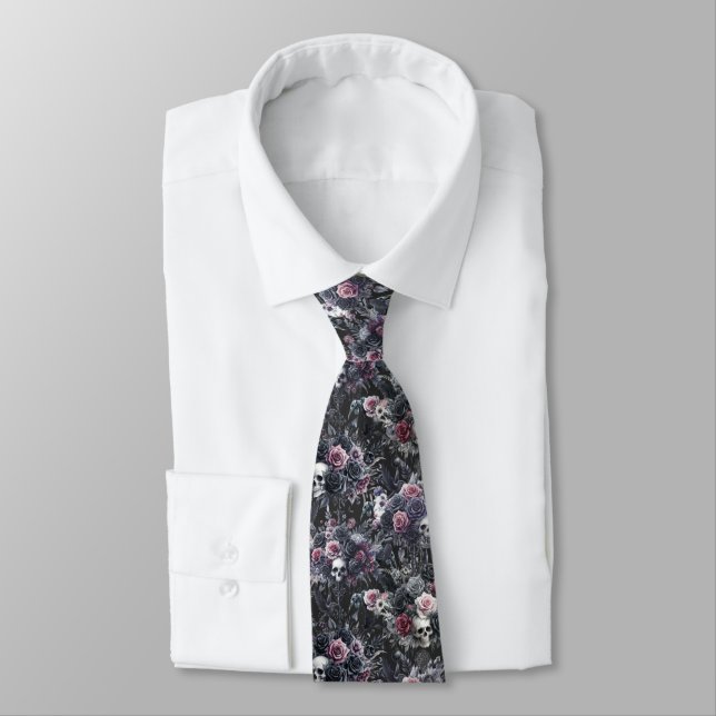 Gothic Moody Flowers Skulls and Crows Tie (Tied)