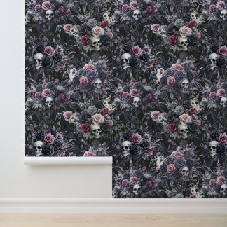 Gothic Moody Flowers Skulls and Crows Wallpaper