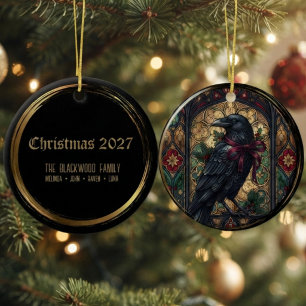 Gothic Moody Onyx Stained Glass Raven Ceramic Ornament