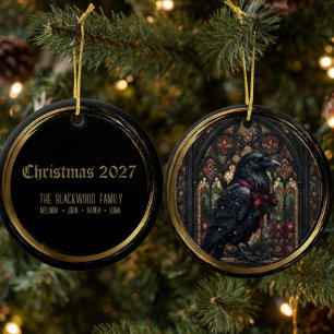Gothic Moody Onyx Stained Glass Raven Ceramic Ornament