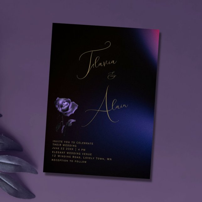 Gothic Moody Purple Rose Minimalist Script Wedding Invitation (Creator Uploaded)