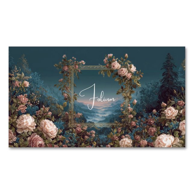 Gothic Moody Rose River Landscape Gold Frame Magnetic Business Card (Front)