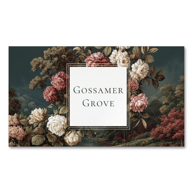 Gothic Moody Rose River Landscape Gold Frame Magnetic Business Card (Front)