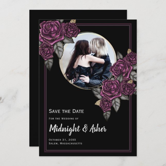 Gothic Moody Roses Circle Photo Save the Date Card (Front/Back)