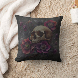 Gothic Moody Skull with Flowers Cushion