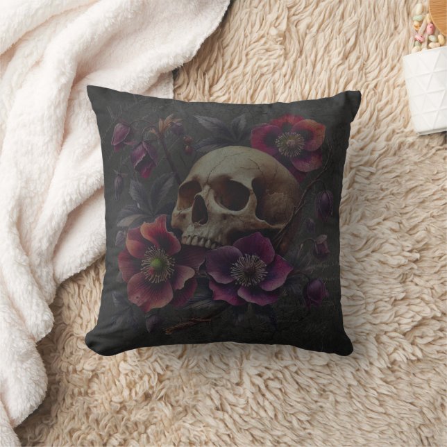 Gothic Moody Skull with Flowers Cushion (Blanket)