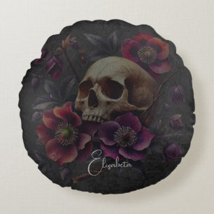 Gothic Moody Skull with Flowers Round Cushion