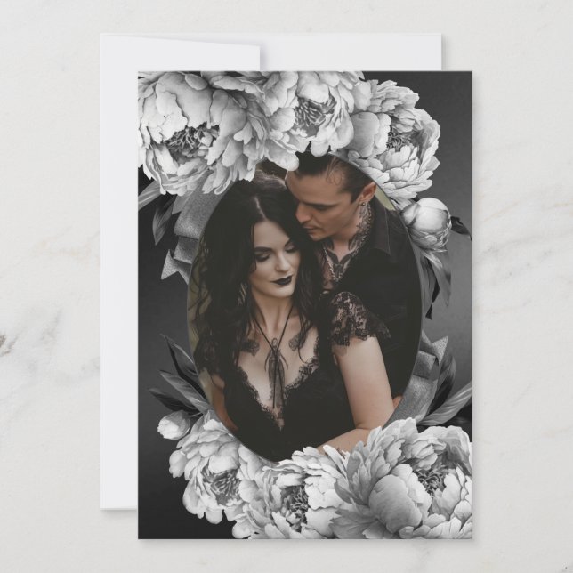 Gothic Moody White Peonies Wedding Save The Date (Front)