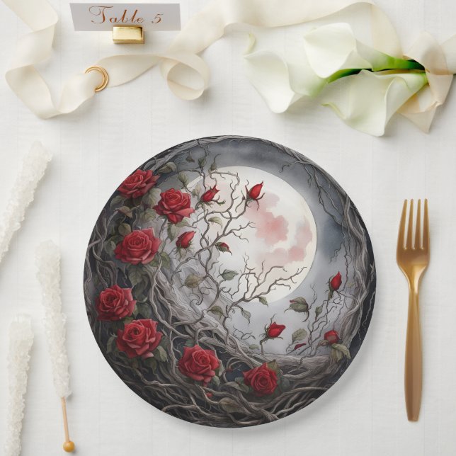 Gothic Moon & Red Rose Paper Plate (Wedding)