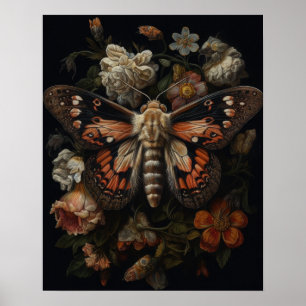 Gothic Moth And Flowers Art Print Poster