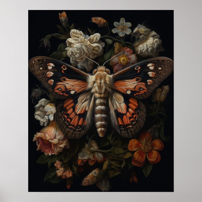 Gothic Moth And Flowers Art Print Poster (Front)