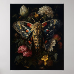 Gothic Moth And Flowers Art Print Poster