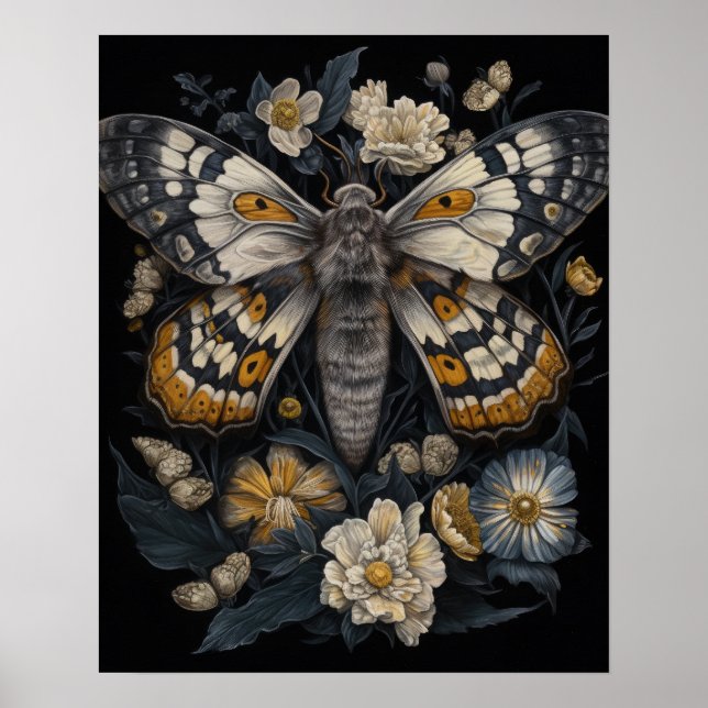 Gothic Moth And Flowers Art Print Poster (Front)