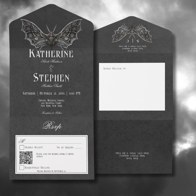 Gothic Moth Moody Black & White QR Code All In One Invitation (Gothic Moth Moody Black & White All In One Wedding Invitation with QR Code)